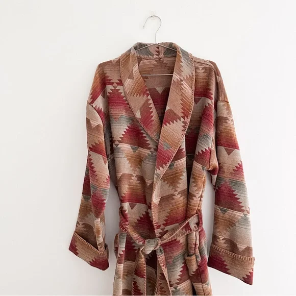 Vintage Southwestern Blanket Robe Tribal Pattern Belted Duster Boho Western XL - Picture 2 of 10